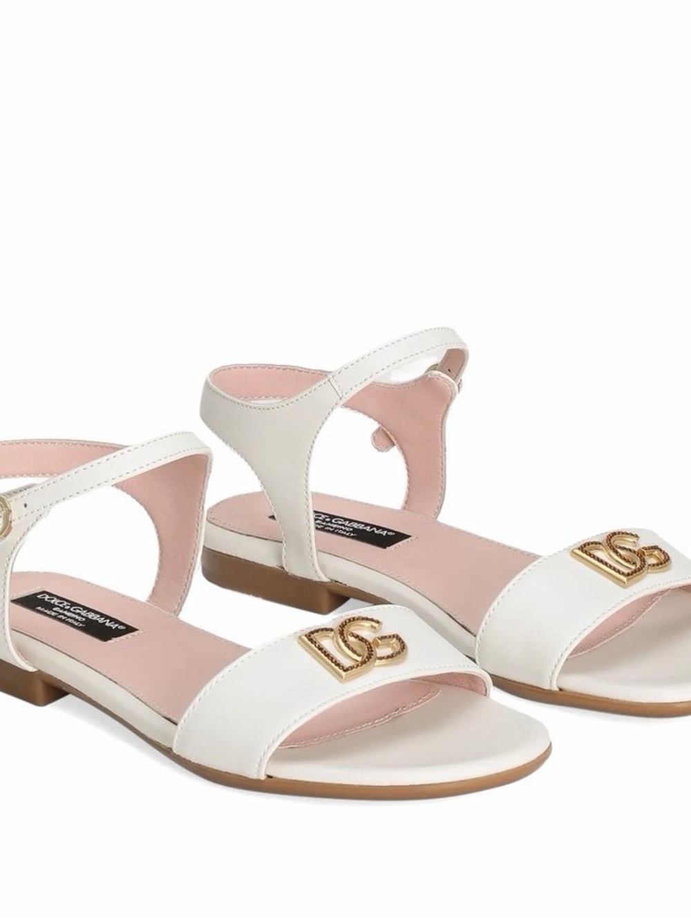Dolce & Gabbana White Leather Sandals with Gold Logo Accent